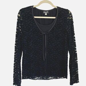 Vtg 90s BIYAYCDA Black Lace Overlay Cardigan Blouse L Goth Witchy Dark Romantic